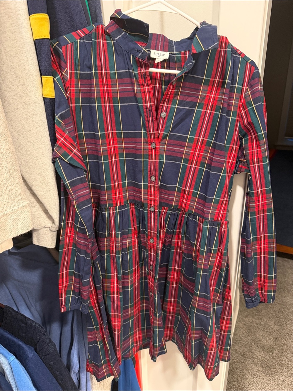 J. Crew Red and Navy Plaid Button-Front Dress